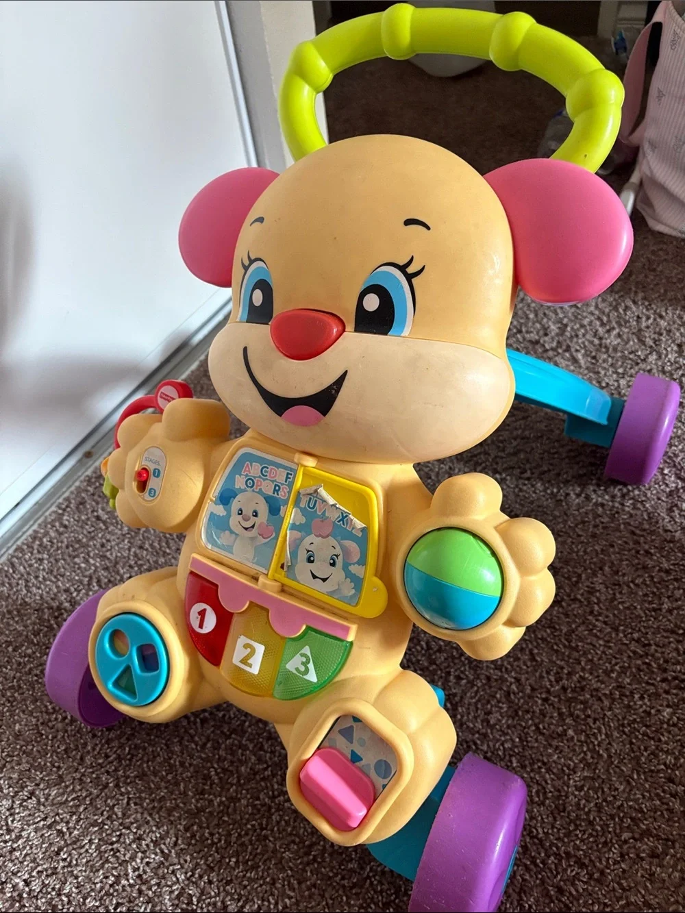 Fisher-Price Yellow Push Walker Puppy with Pink Ears and Purple Wheels